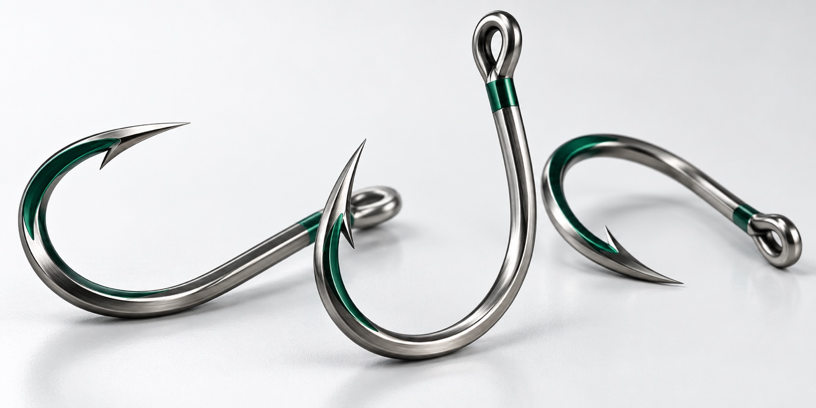 A selection of polished commercial fishing hooks on a light surface